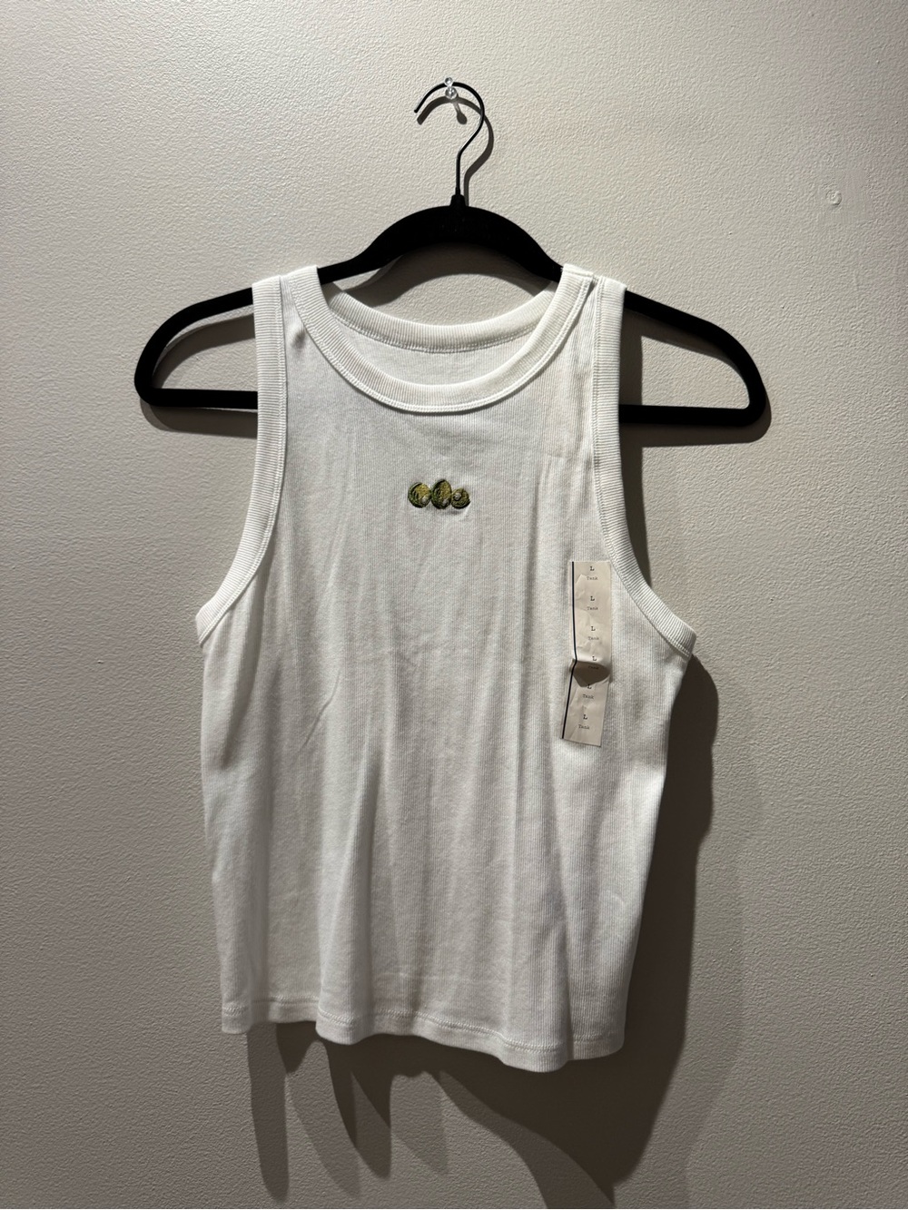 White Ribbed High-Neck Crop Tank with Embroidered Olives - NWT